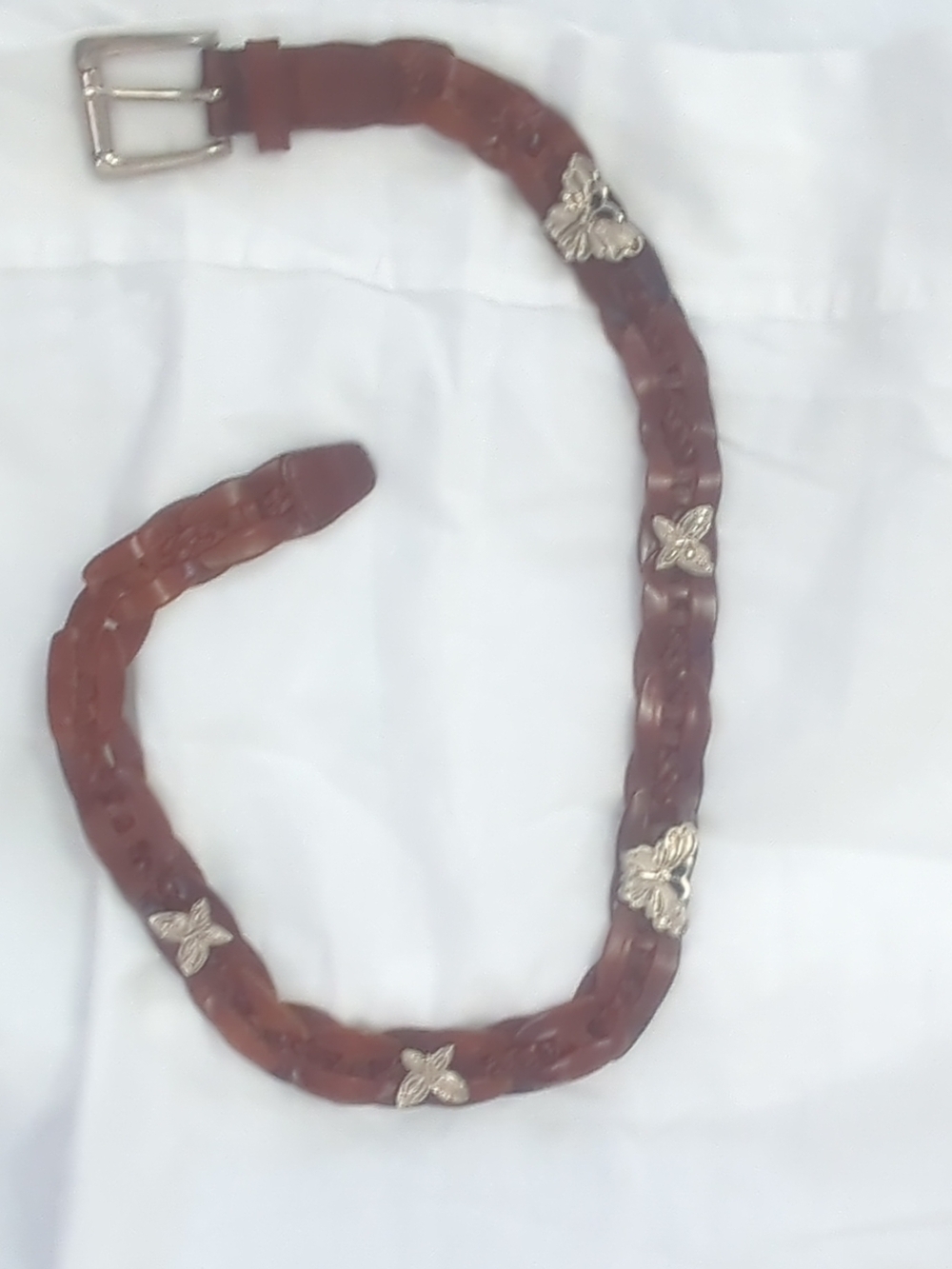 Brown Braided Leather Belt with Silver Butterfly Accents - Women